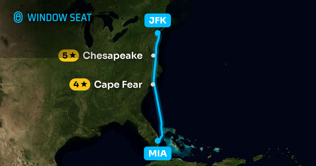 Map of the Miami to New York flight path with its landmarks on each side