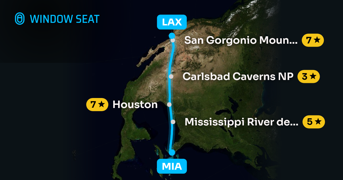 Map of the Miami to Los Angeles flight path with its landmarks on each side
