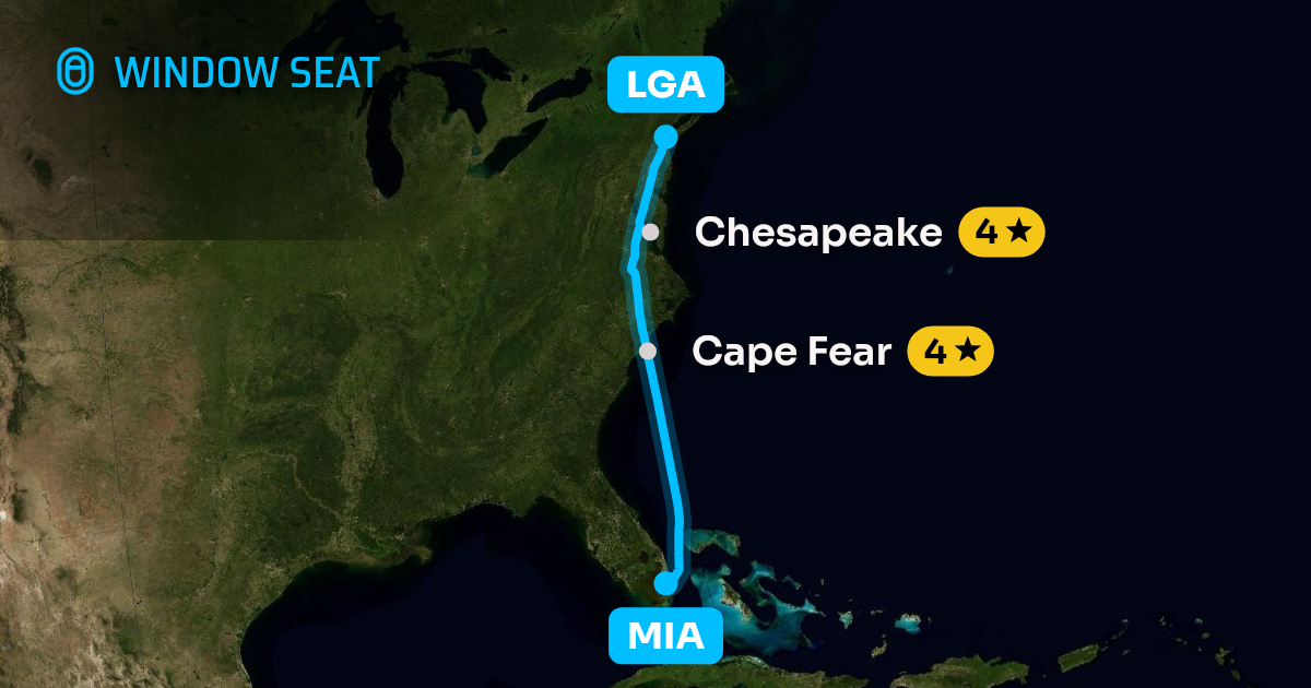 Map of the Miami to New York flight path with its landmarks on each side
