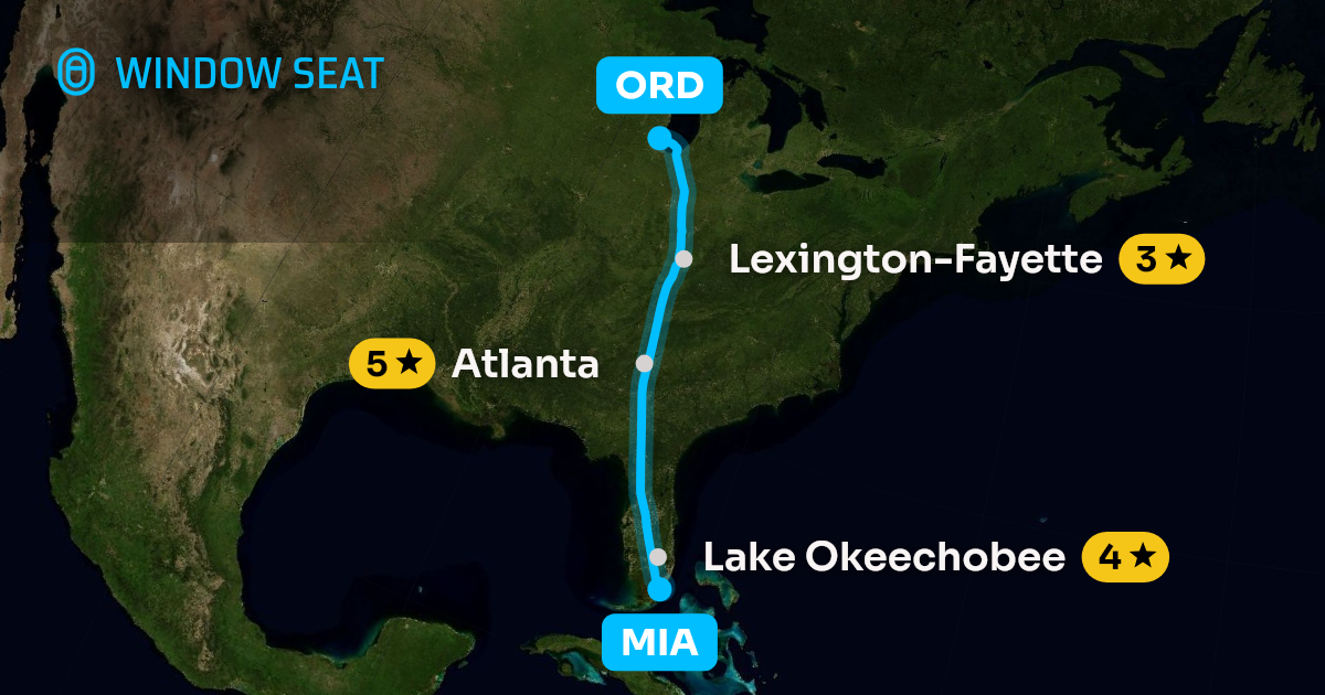 Map of the Miami to Chicago flight path with its landmarks on each side