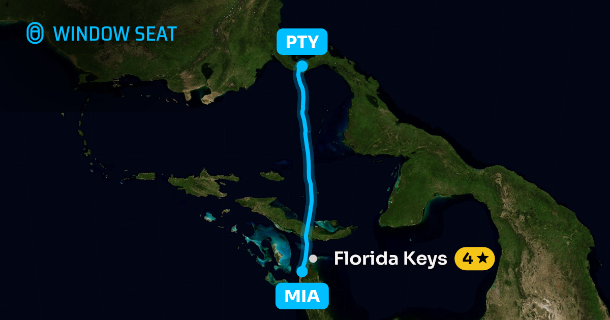 Map of the Miami to Panama City flight path with its landmarks on each side