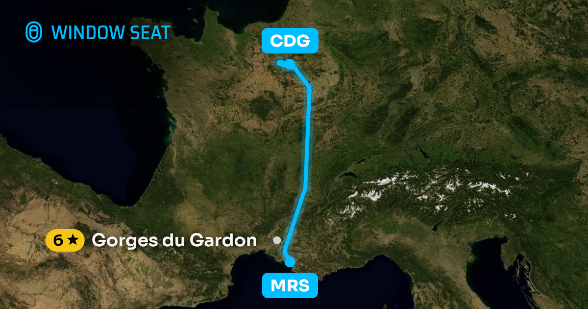 Map of the Marseille to Paris flight path with its landmarks on each side