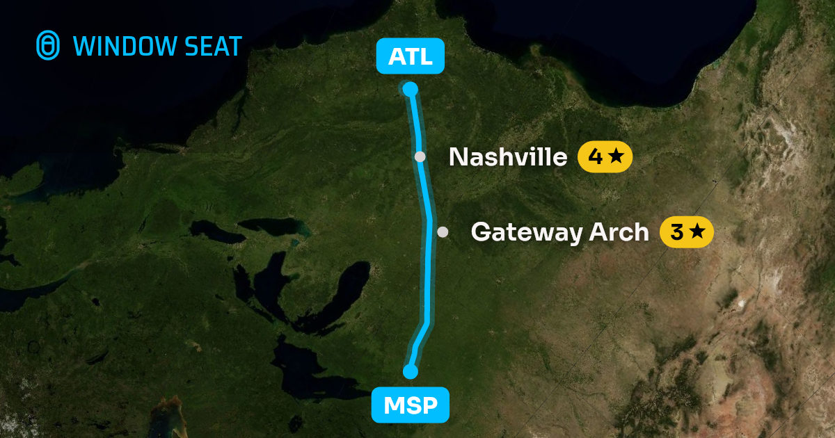 Map of the Minneapolis to Atlanta flight path with its landmarks on each side