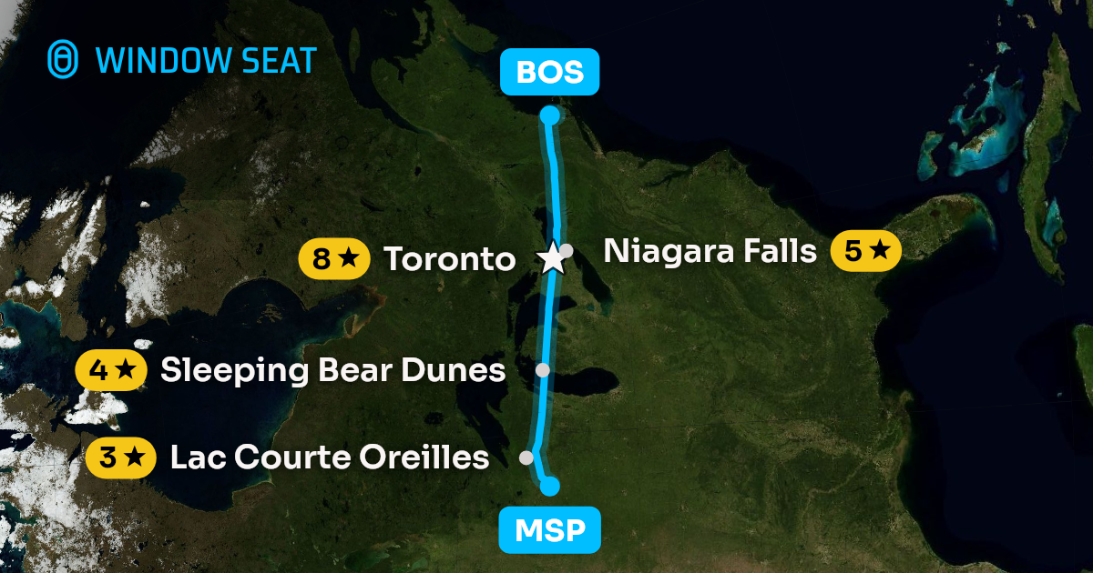 Map of the Minneapolis to Boston flight path with its landmarks on each side