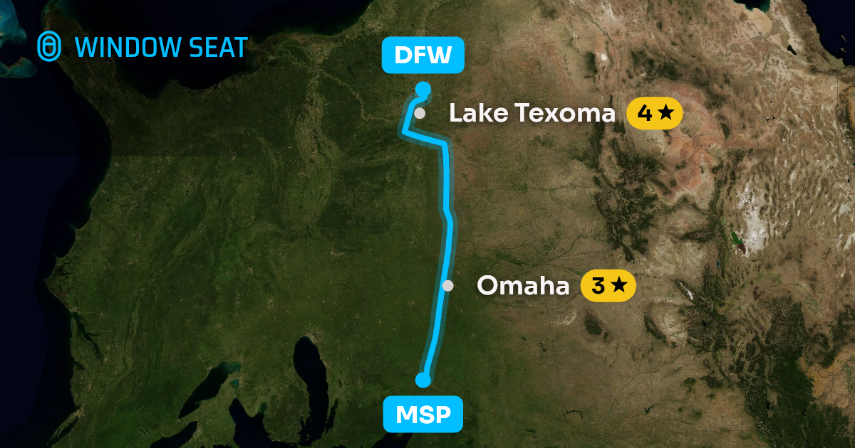 Map of the Minneapolis to Dallas-Fort Worth flight path with its landmarks on each side