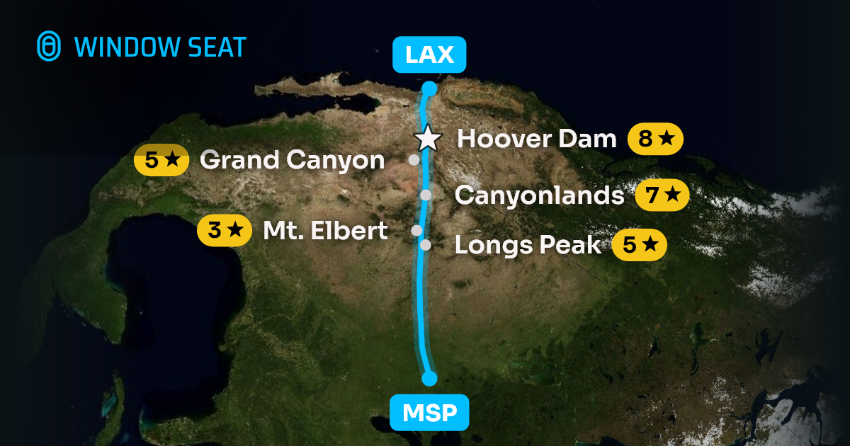 Map of the Minneapolis to Los Angeles flight path with its landmarks on each side