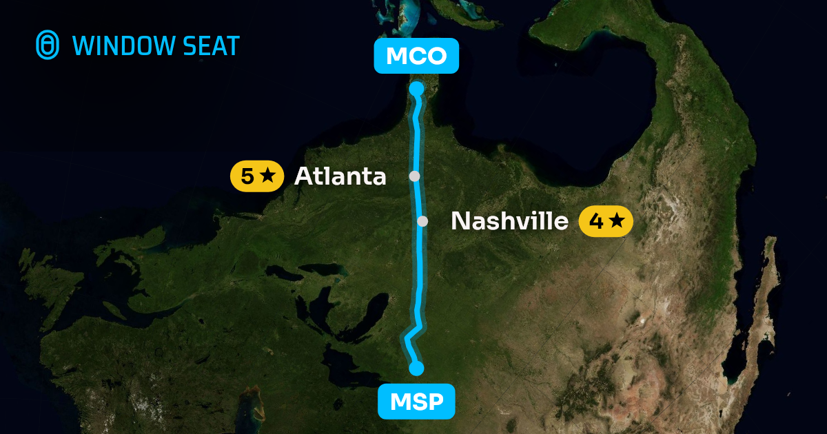 Map of the Minneapolis to Orlando flight path with its landmarks on each side