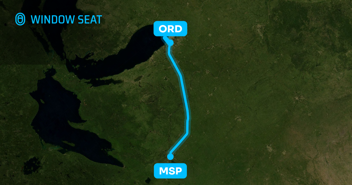 Map of the Minneapolis to Chicago flight path with its landmarks on each side