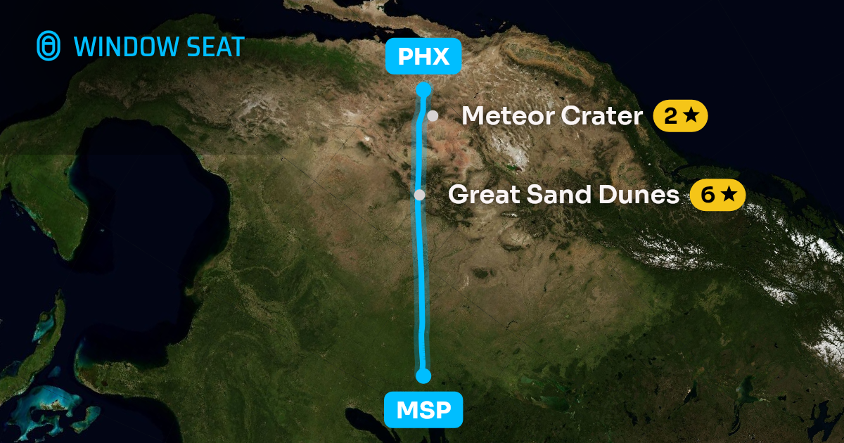 Map of the Minneapolis to Phoenix flight path with its landmarks on each side