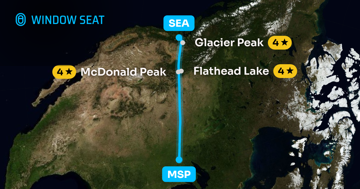 Map of the Minneapolis to Seattle flight path with its landmarks on each side