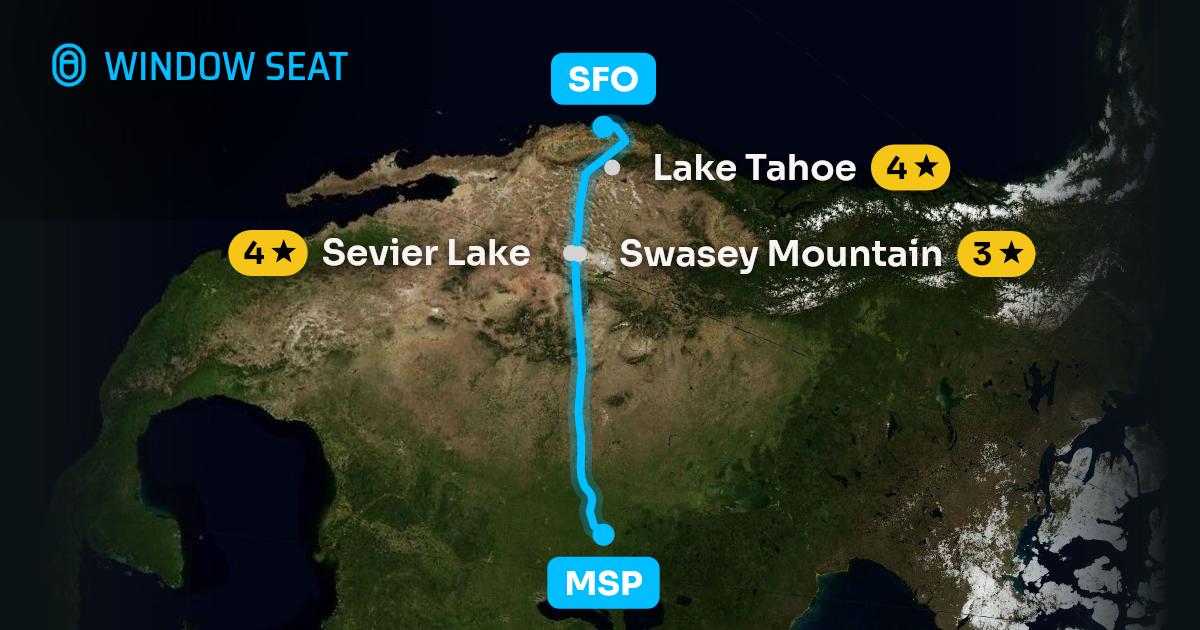 Map of the Minneapolis to San Francisco flight path with its landmarks on each side