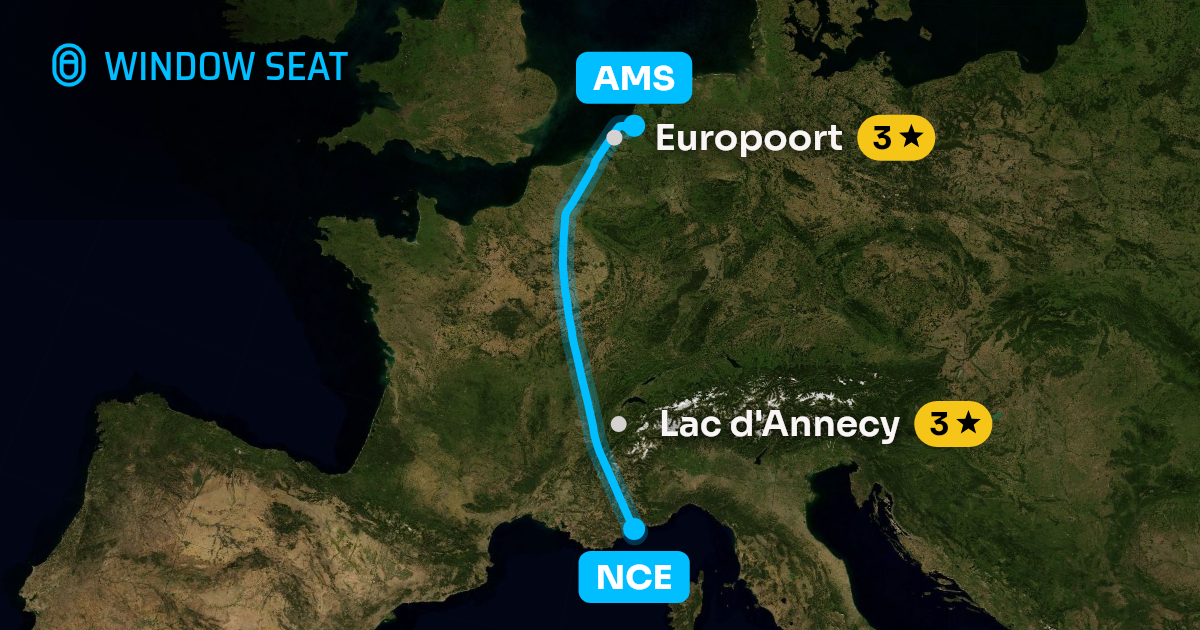Map of the Nice to Amsterdam flight path with its landmarks on each side