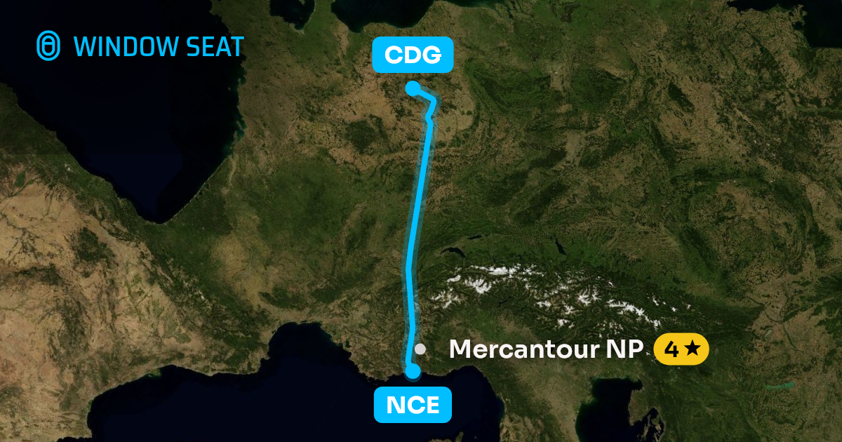 Map of the Nice to Paris flight path with its landmarks on each side