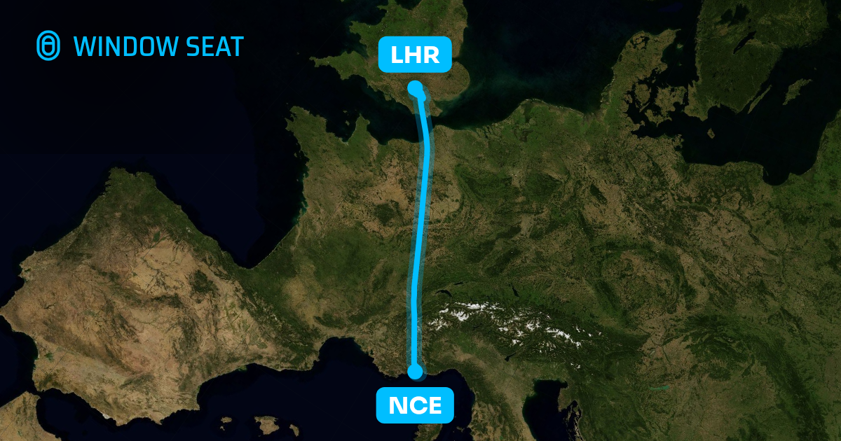 Map of the Nice to London flight path with its landmarks on each side