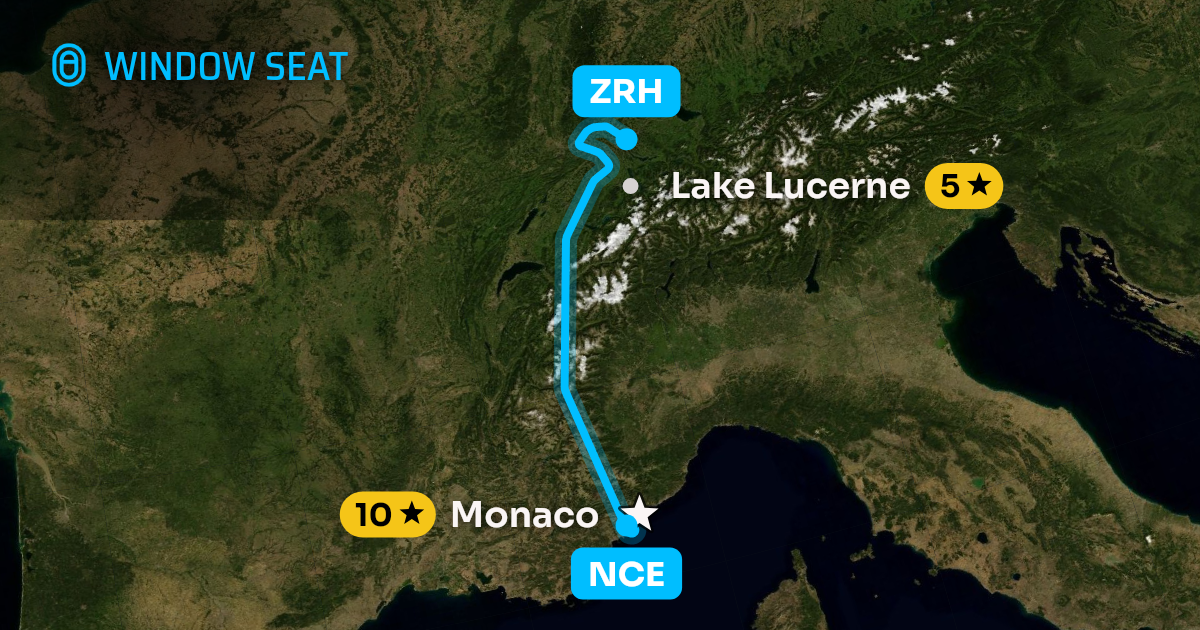 Map of the Nice to Zurich flight path with its landmarks on each side