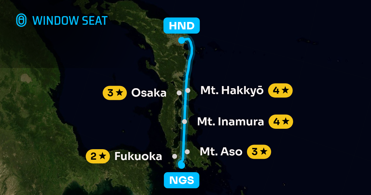 Map of the Nagasaki to Tokyo flight path with its landmarks on each side