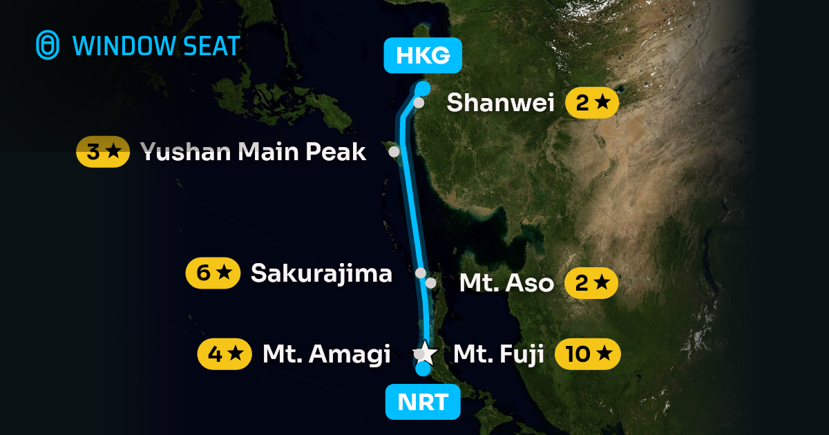 Map of the Tokyo to Hong Kong flight path with its landmarks on each side