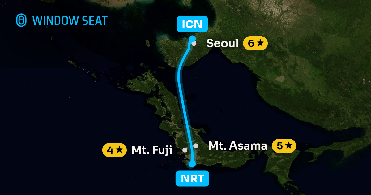 Map of the Tokyo to Seoul flight path with its landmarks on each side
