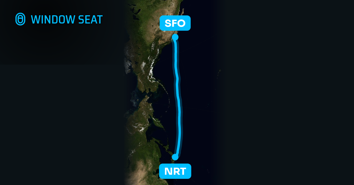 Map of the Tokyo to San Francisco flight path with its landmarks on each side