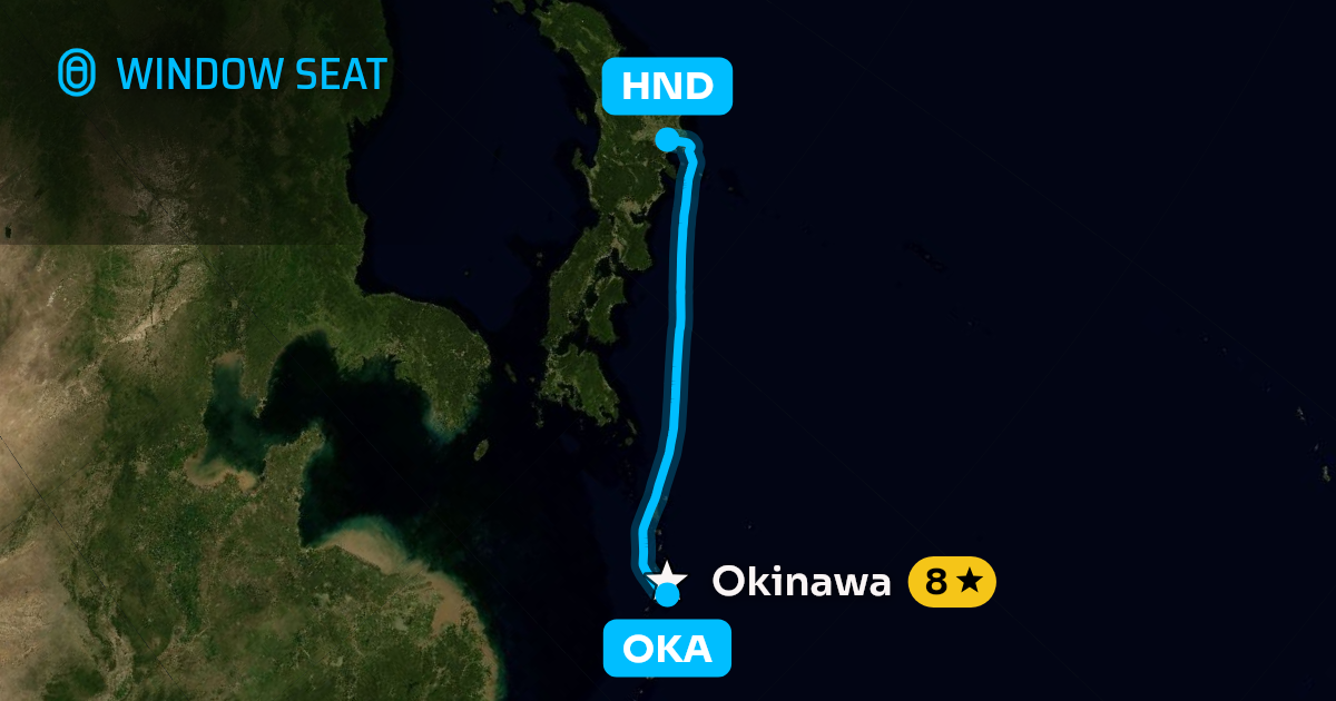 Map of the Naha to Tokyo flight path with its landmarks on each side