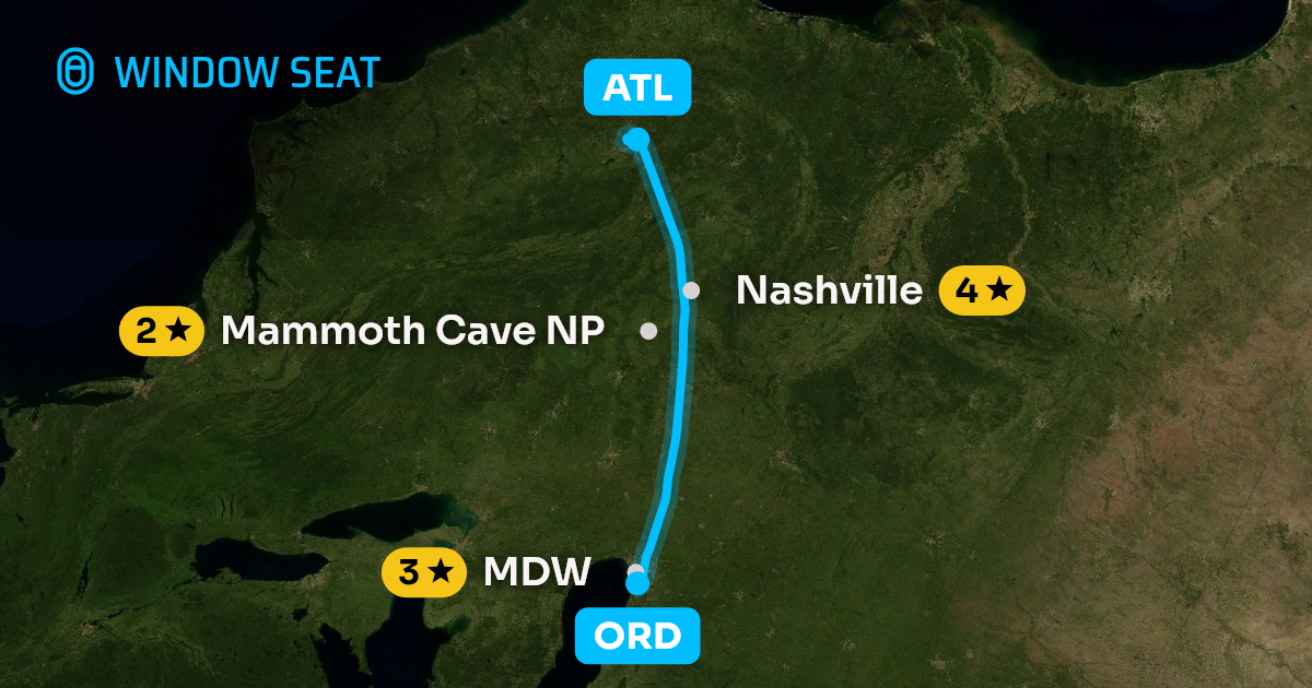 Map of the Chicago to Atlanta flight path with its landmarks on each side