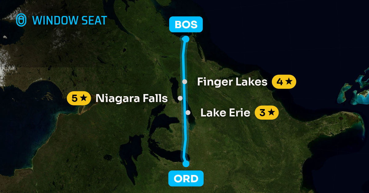 Map of the Chicago to Boston flight path with its landmarks on each side