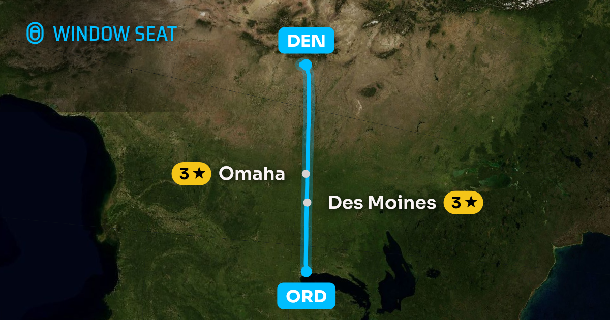 Map of the Chicago to Denver flight path with its landmarks on each side