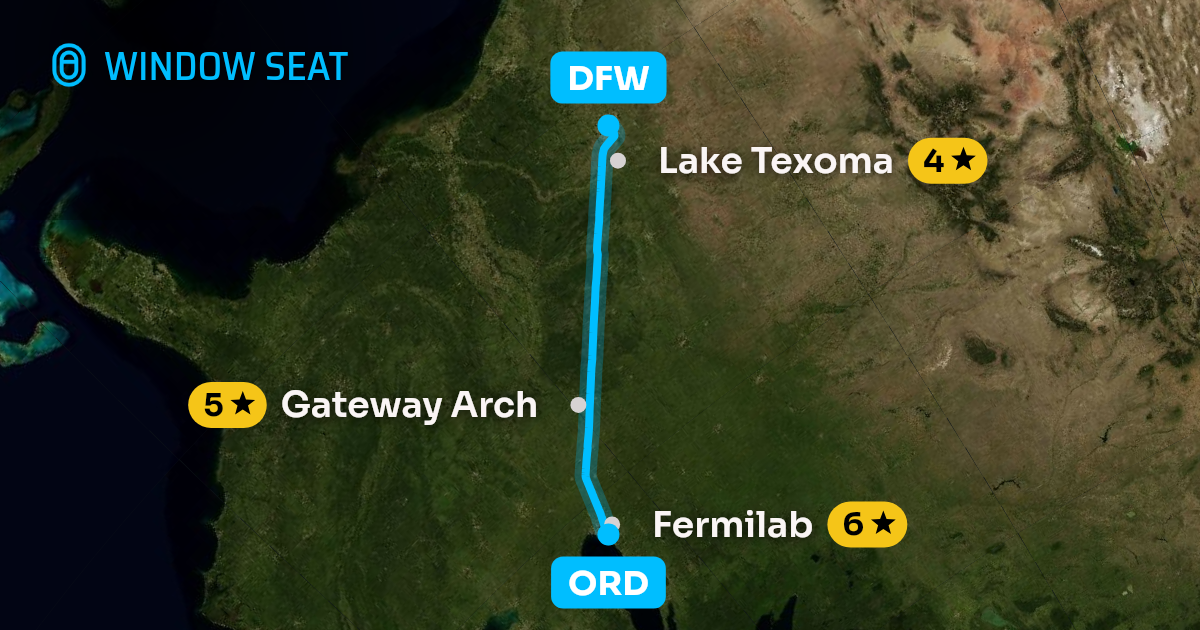Map of the Chicago to Dallas-Fort Worth flight path with its landmarks on each side