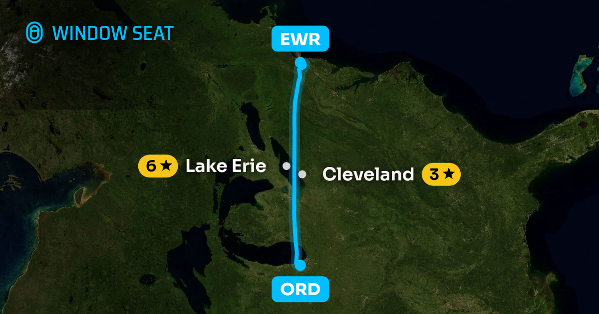 Map of the Chicago to Newark flight path with its landmarks on each side