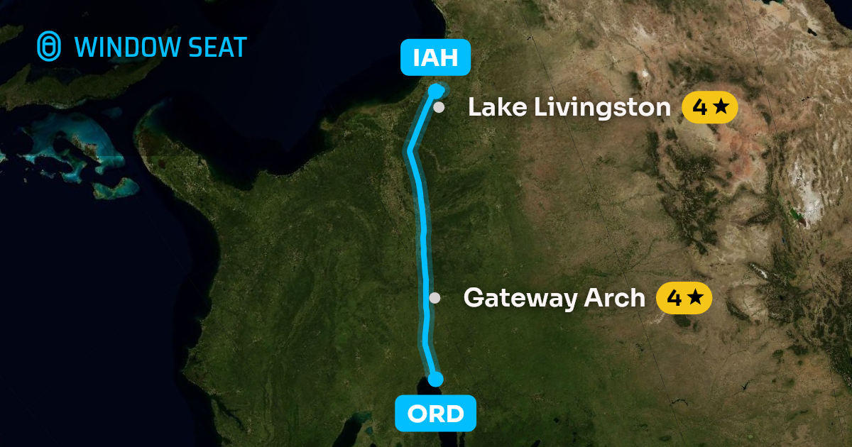 Map of the Chicago to Houston flight path with its landmarks on each side