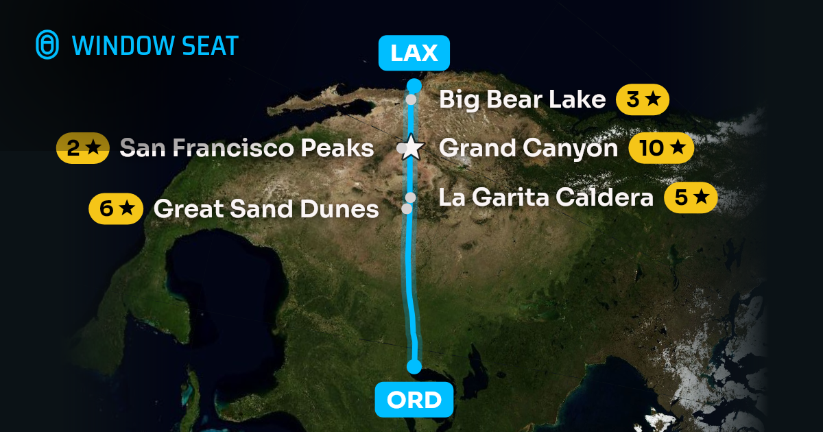 Map of the Chicago to Los Angeles flight path with its landmarks on each side