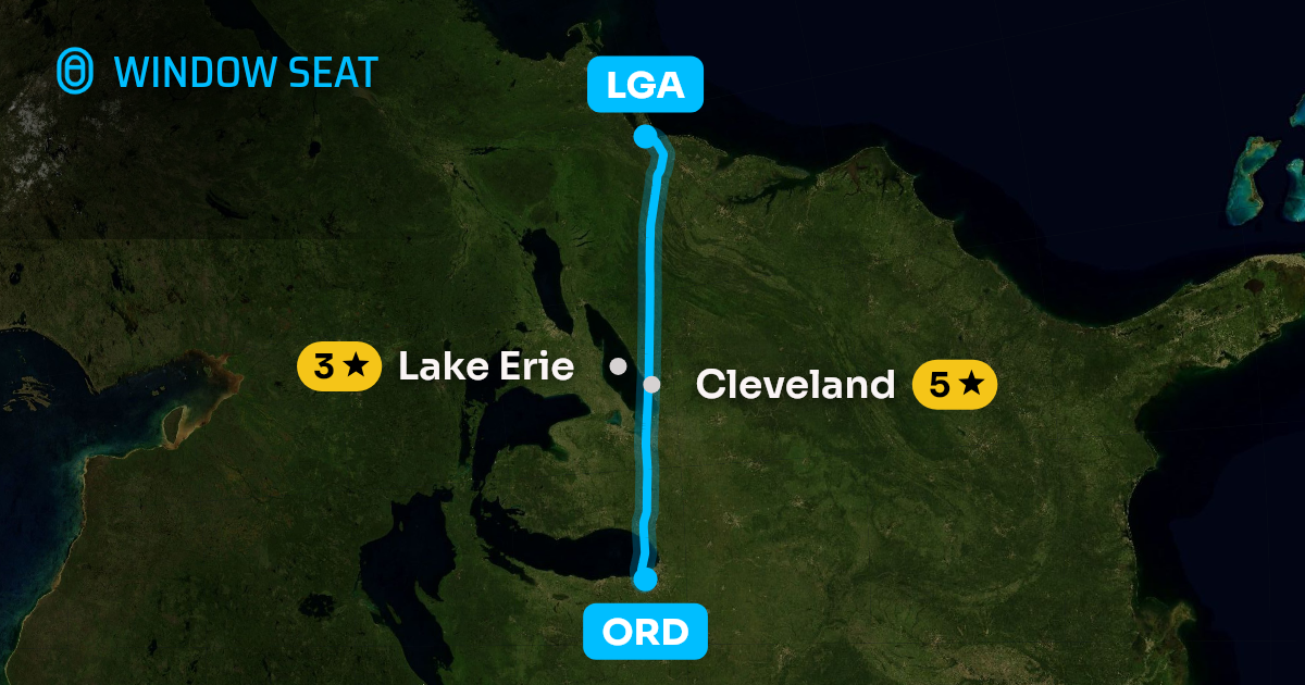 Map of the Chicago to New York flight path with its landmarks on each side