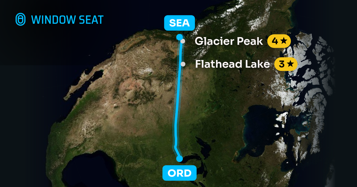 Map of the Chicago to Seattle flight path with its landmarks on each side