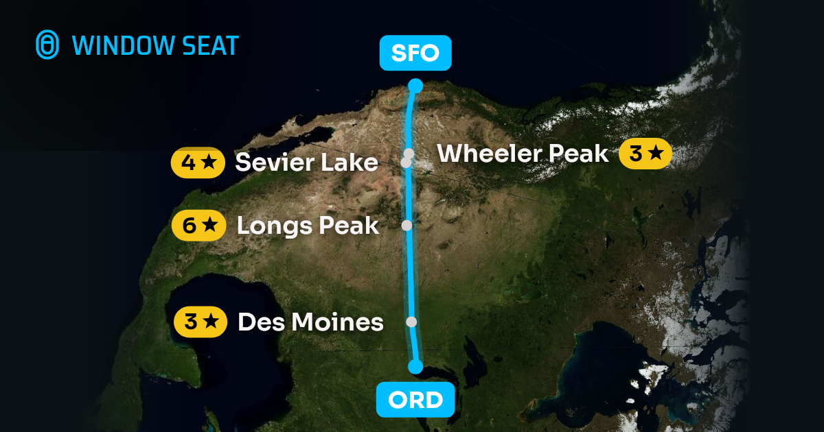 Map of the Chicago to San Francisco flight path with its landmarks on each side