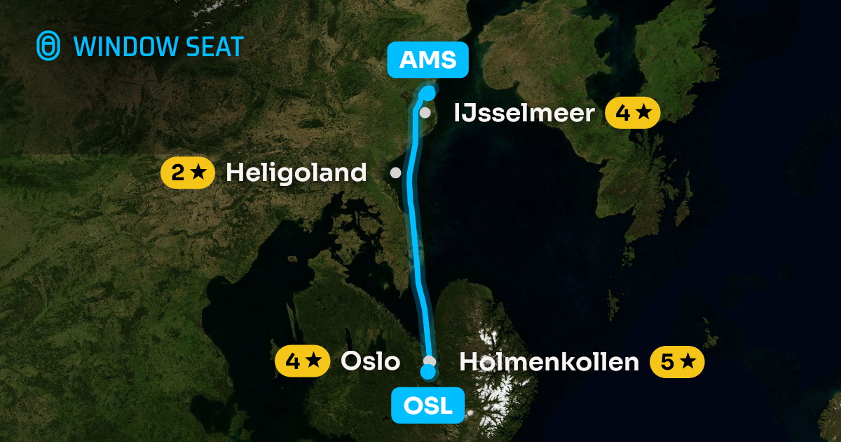 Map of the Oslo to Amsterdam flight path with its landmarks on each side