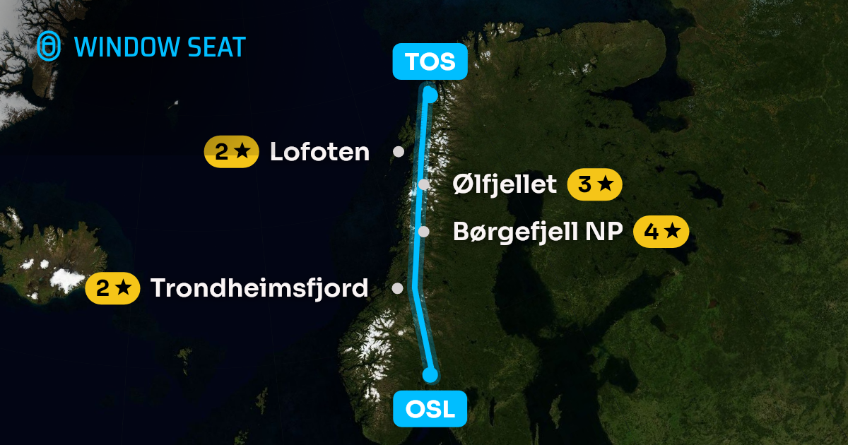 Map of the Oslo to Tromsø flight path with its landmarks on each side