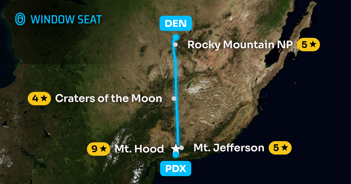 Map of the Portland to Denver flight path with its landmarks on each side