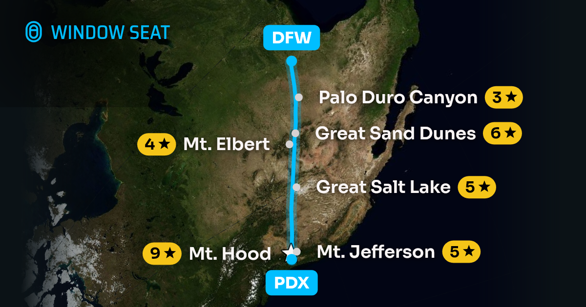Map of the Portland to Dallas-Fort Worth flight path with its landmarks on each side