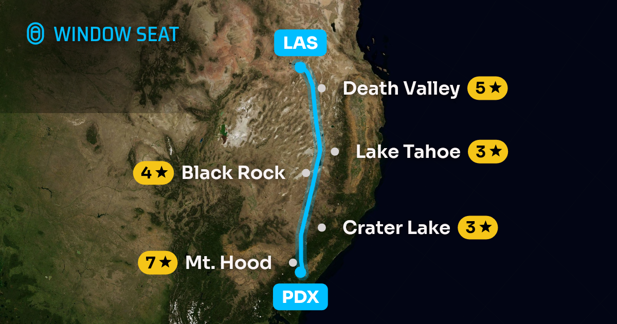 Map of the Portland to Las Vegas flight path with its landmarks on each side