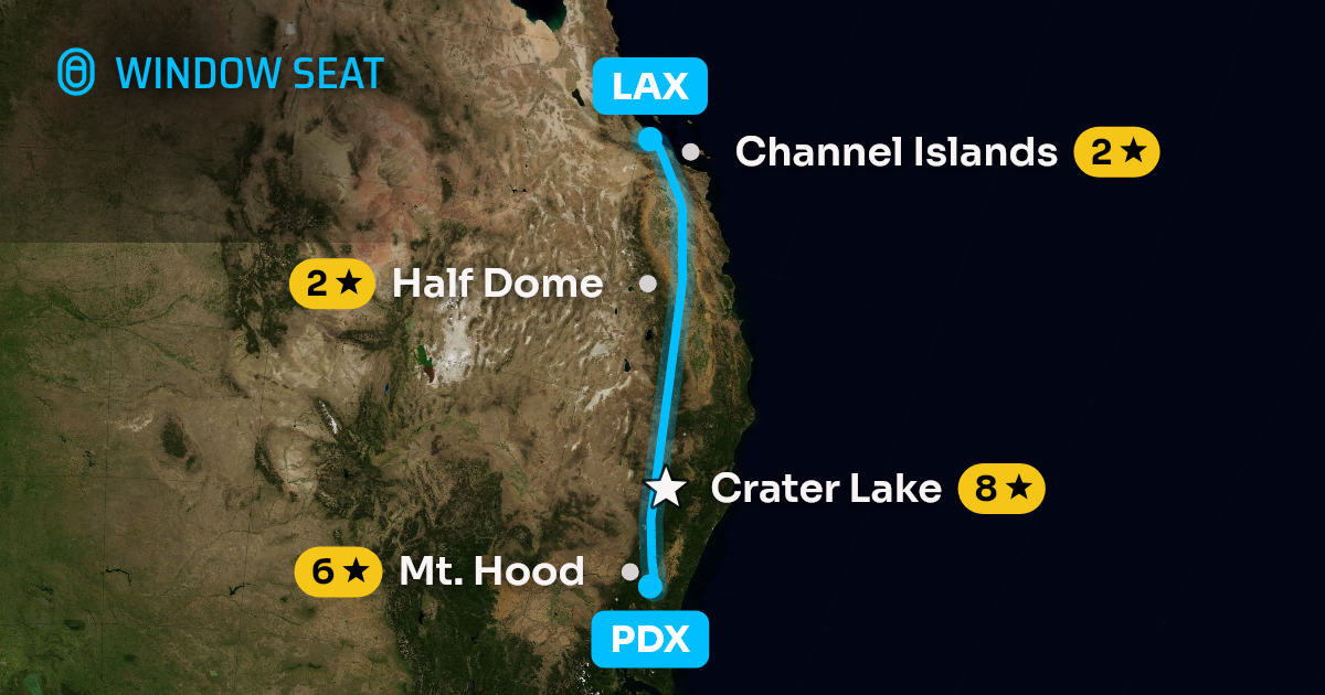 Map of the Portland to Los Angeles flight path with its landmarks on each side