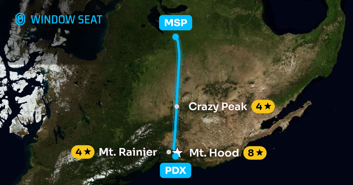 Map of the Portland to Minneapolis flight path with its landmarks on each side