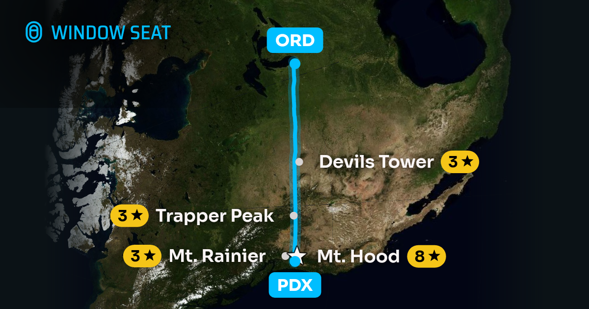 Map of the Portland to Chicago flight path with its landmarks on each side