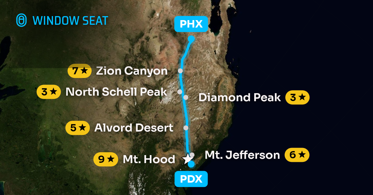 Map of the Portland to Phoenix flight path with its landmarks on each side