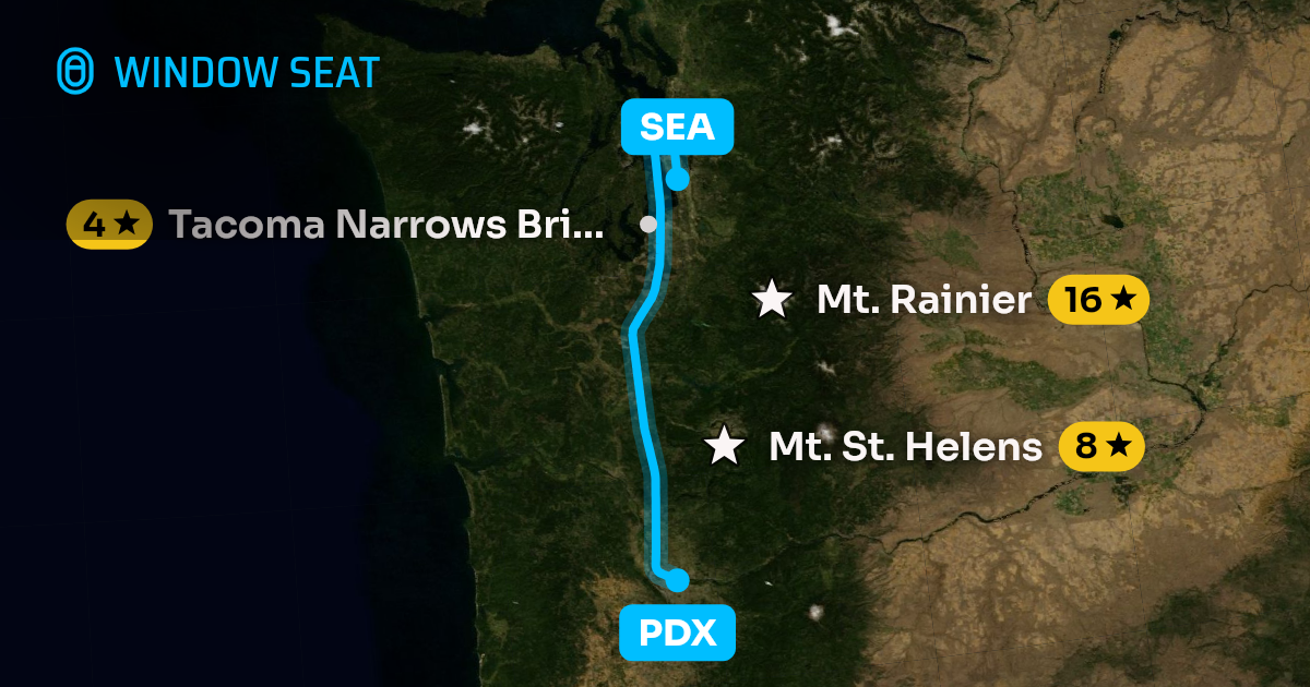 Map of the Portland to Seattle flight path with its landmarks on each side