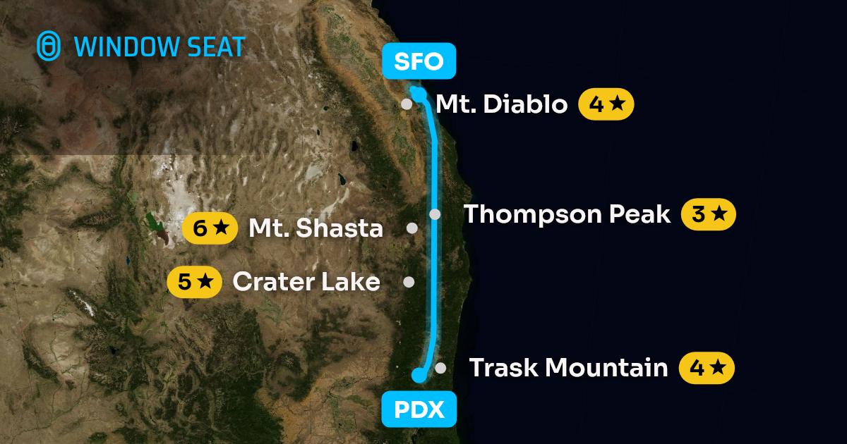 Map of the Portland to San Francisco flight path with its landmarks on each side