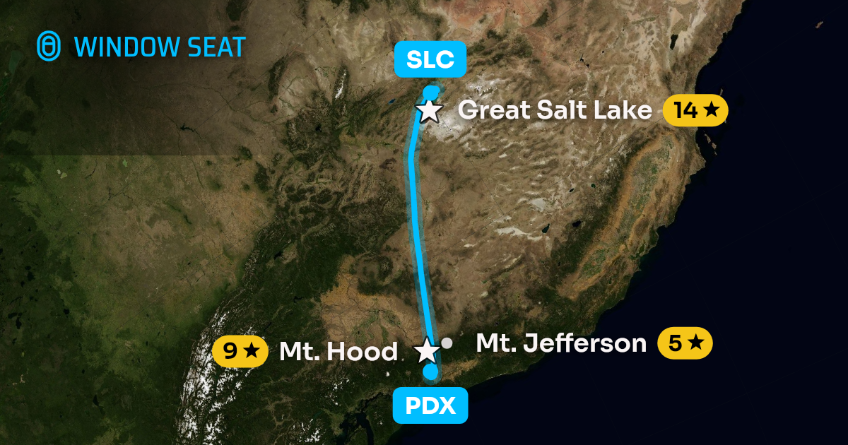 Map of the Portland to Salt Lake City flight path with its landmarks on each side