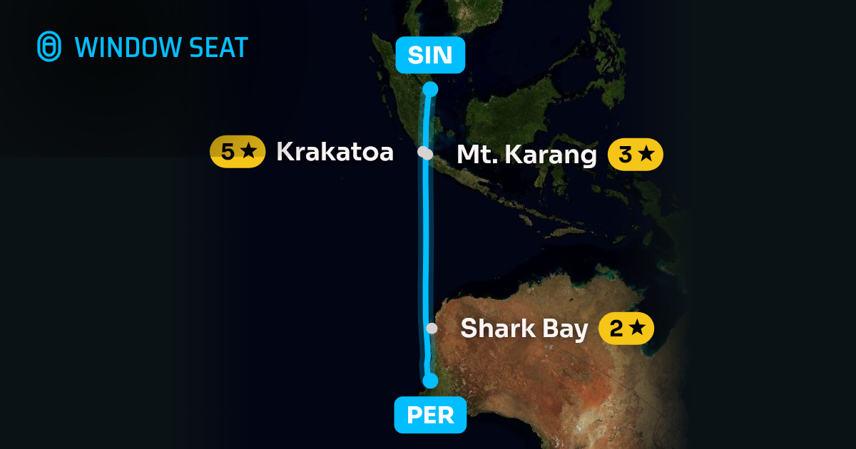Map of the Perth to Singapore flight path with its landmarks on each side