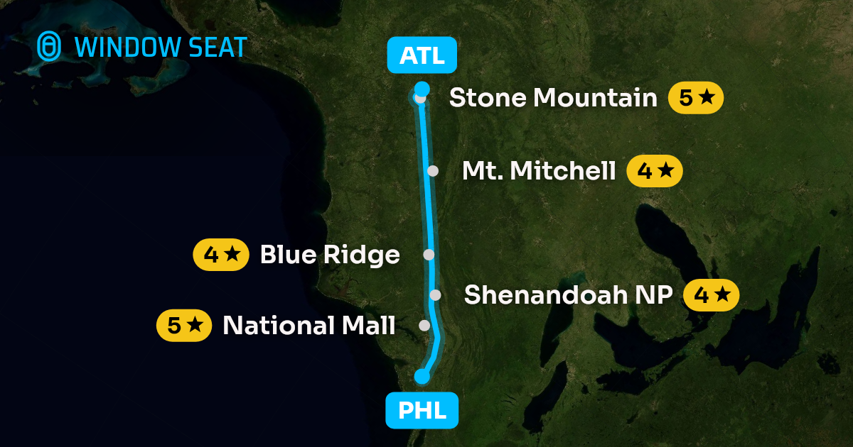 Map of the Philadelphia to Atlanta flight path with its landmarks on each side