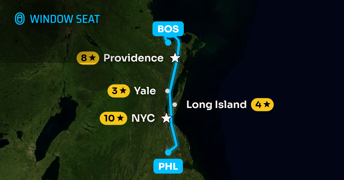 Map of the Philadelphia to Boston flight path with its landmarks on each side