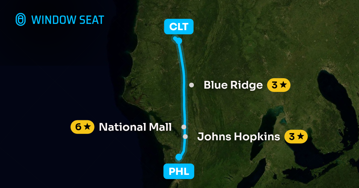 Map of the Philadelphia to Charlotte flight path with its landmarks on each side